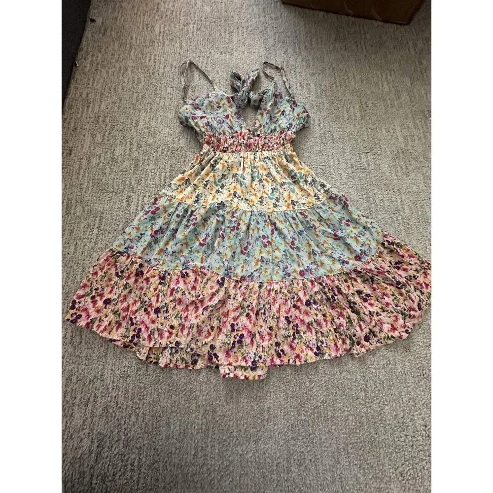 Angie Floral Tiered Mini Dress Boho Tie Back Spaghetti Strap Cottagecore Size S - Picture 9 of 9